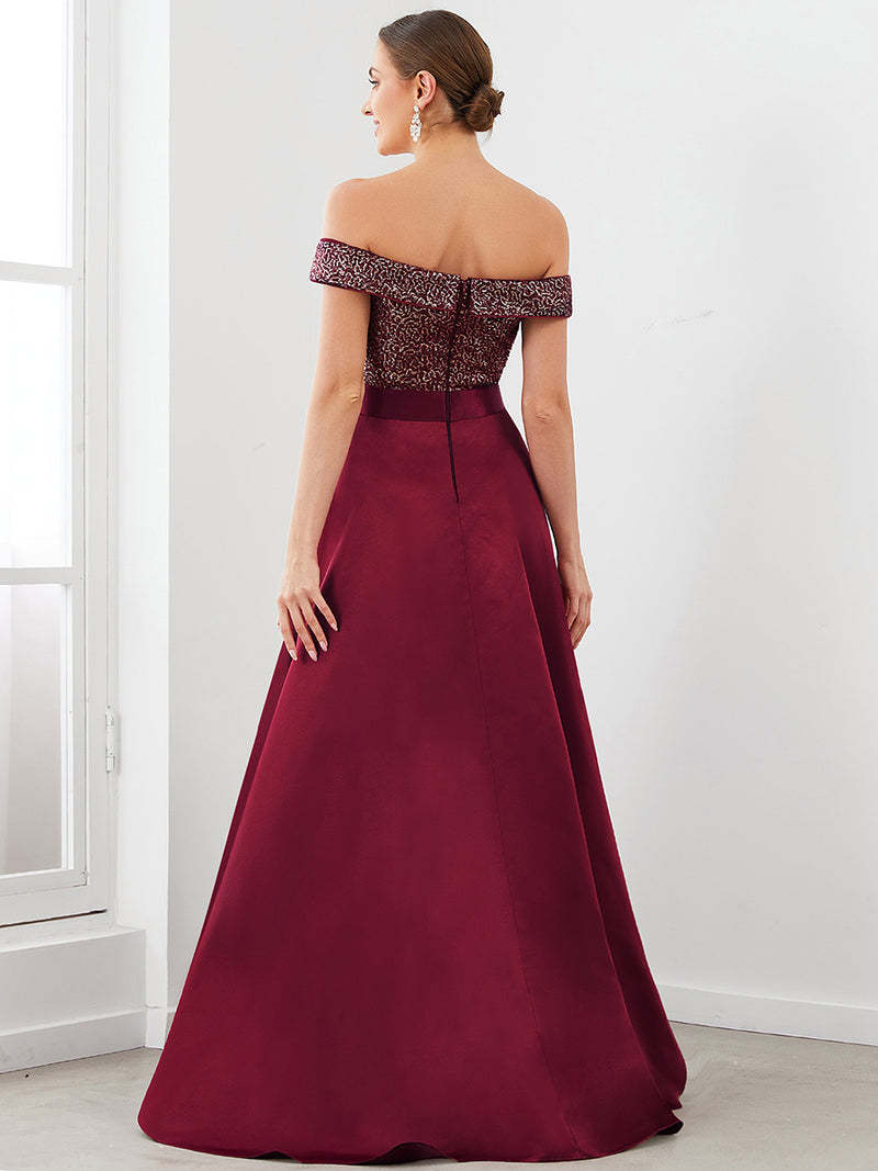 Europe and America Cross Border Foreign Trade off-Shoulder Evening Dress off-Shoulder Sequins High-End Banquet Graceful Satin Dress Small Tail