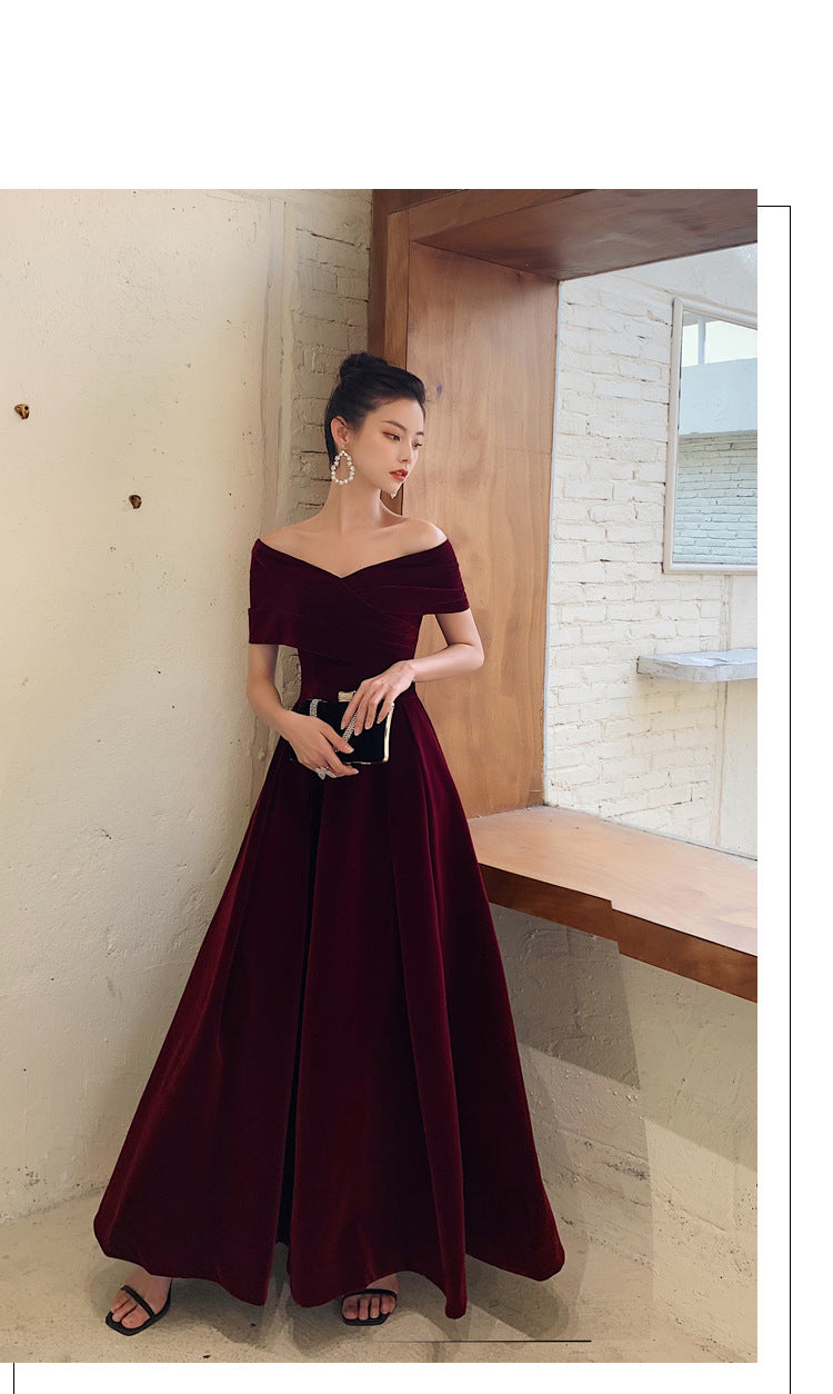 Bridal Toast Clothing Velvet 2024 New High-Grade off-Shoulder Banquet Temperament Engagement License Host Evening Dress