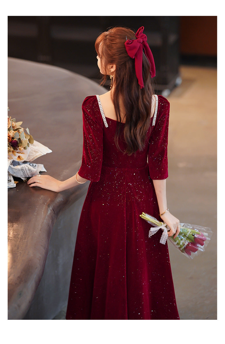 Toast Dress Bride 2024 New Autumn and Winter Fairy Wine Red Engagement Dress Wedding Back Door Toast Dress