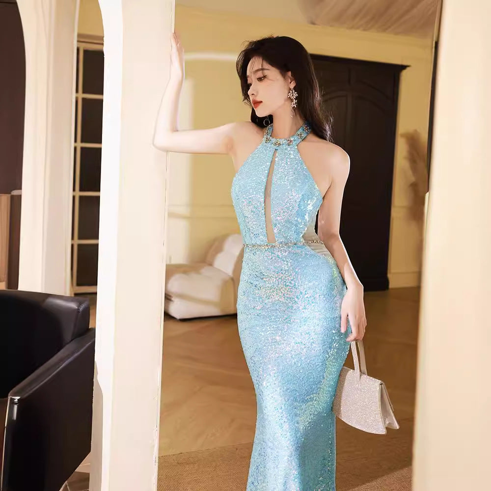 Super Fairy Mermaid Evening Dress Toast Dress Women's Performance Halter off-Shoulder Dress Host Dress Fashion Temperament