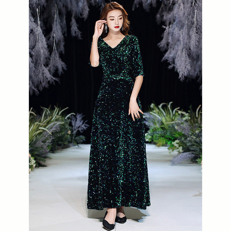 Green Sequins Annual Party Evening Dress Female 2024 Spring and Spring New Banquet Temperament Texture Host Long Dress