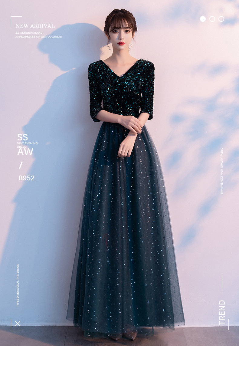 Dark Green Annual Party Evening Dress 2024 Autumn New Fashion Sexy V-neck Banquet Host Long Dress