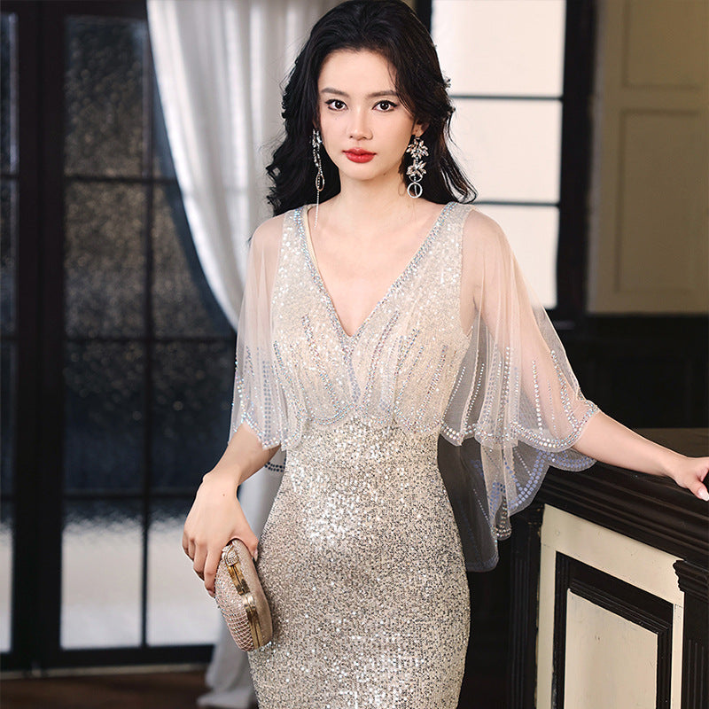 Silver V-neck Sequins Dress plus Size Shawl Fashion Minority Design Birthday Banquet Host Fishtail Dress