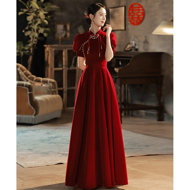 Toast Dress Bride 2024 New Chinese Style High-Grade Red Velvet Engagement Wedding Dress Women's Long Sleeve Spring