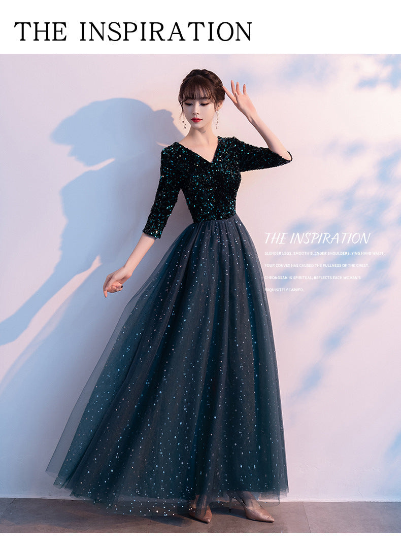 Dark Green Annual Party Evening Dress 2024 Autumn New Fashion Sexy V-neck Banquet Host Long Dress