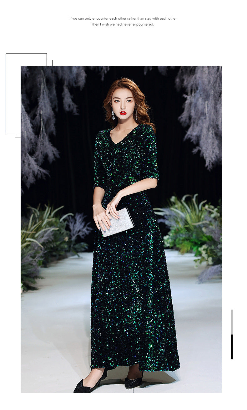 Green Sequins Annual Party Evening Dress Female 2024 Spring and Spring New Banquet Temperament Texture Host Long Dress