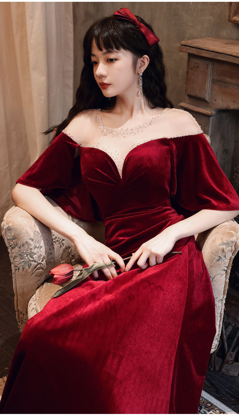 Toast Dress Bride 2024 New Autumn Wine Red V-neck Banquet Evening Dress Elegant Figure Flattering Wedding Toast Dress