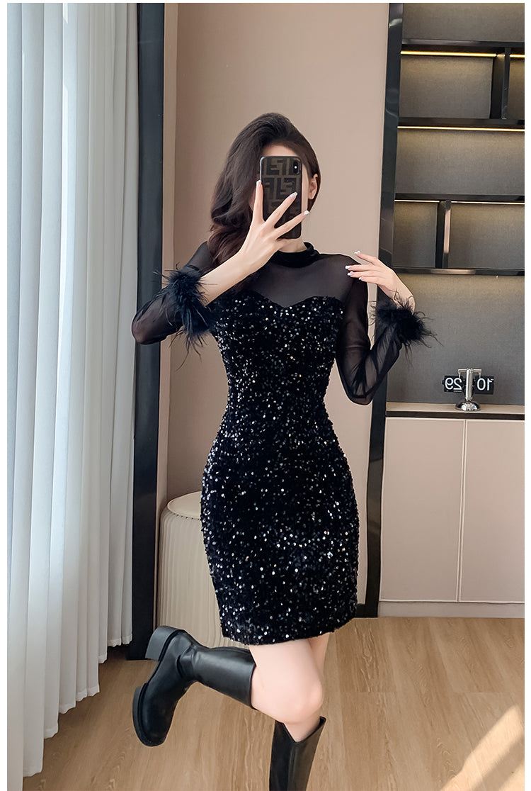 2023 Mesh Stitching Sequins Dress Women's French Entry Lux Sexy Waist Trimming Banquet Dress Sheath Black Dress