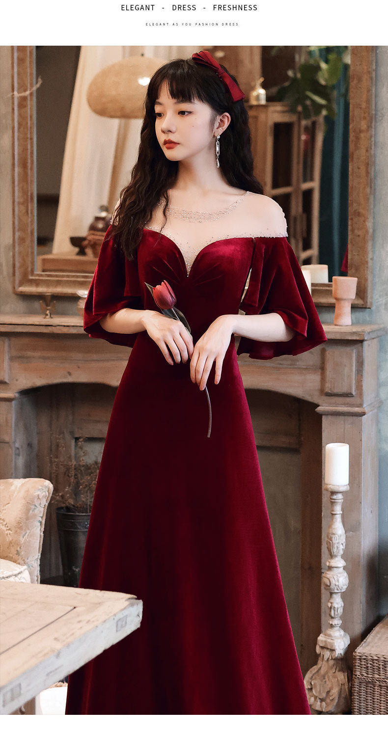 Toast Dress Bride 2024 New Autumn Wine Red V-neck Banquet Evening Dress Elegant Figure Flattering Wedding Toast Dress