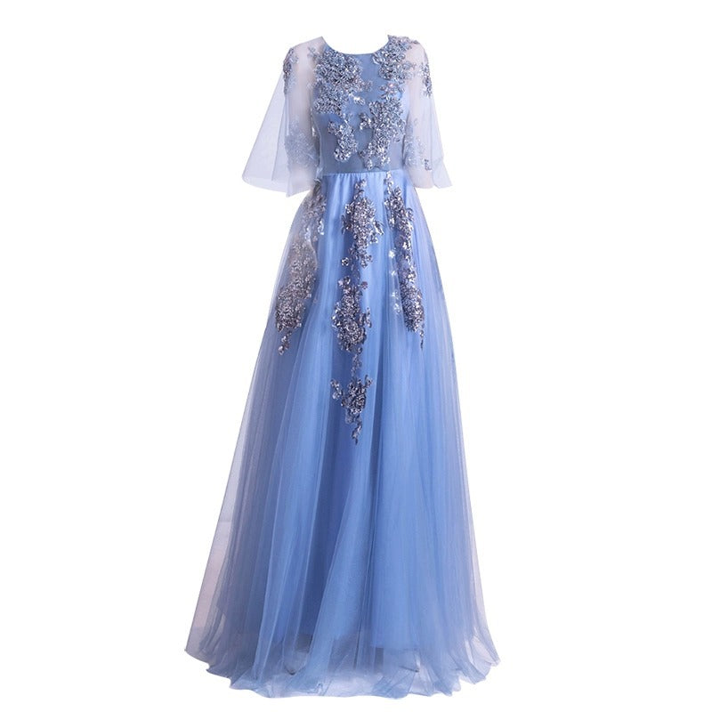 Blue Veils Slimming Banquet Annual Meeting Stage Performance Host Wedding Dress Evening Gown 273