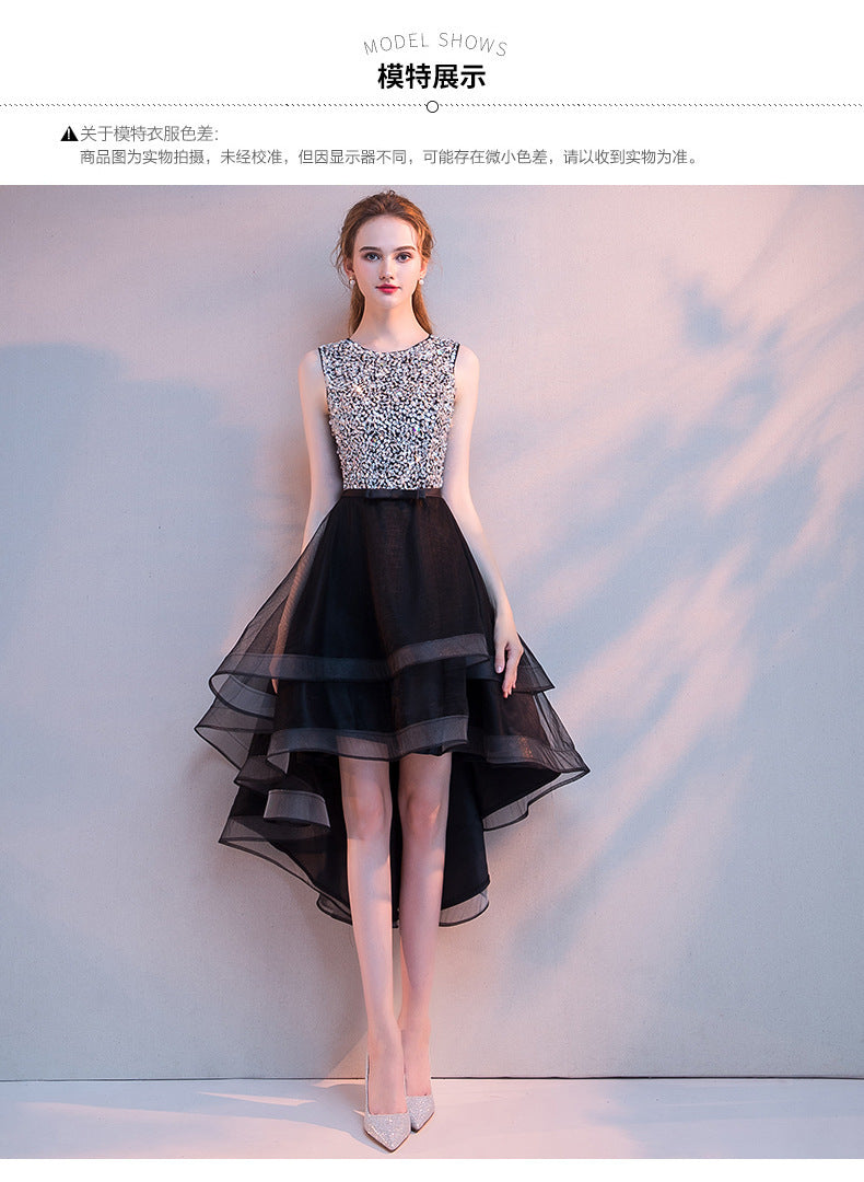 Black Evening Dress Women's New Banquet Noble Performance Front Short Back Long Host round Neck Sequins Small Dress Stage