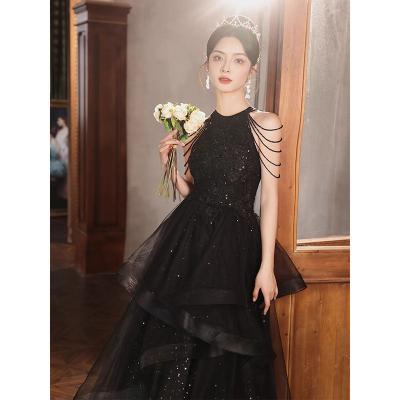 Black Evening Dress 2024 New Banquet Dinner Party Welcome Dress Elegant Host Elegant French Evening Dress for Women