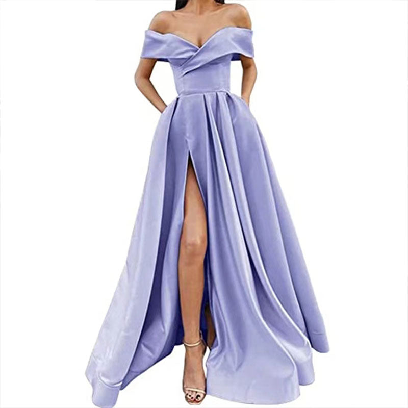 Party Dress satin black red off shoulder dinner dresses gala gown Women's European and American Style 2023 Cross-Border New Arrival Sexy Deep V Solid Color High-End Satin Banquet Evening Dress