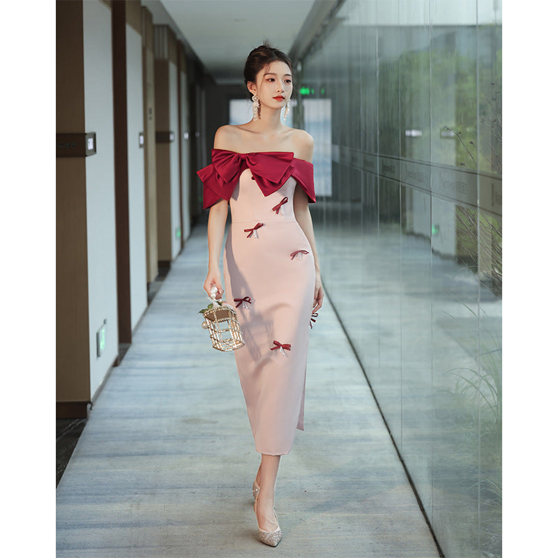 Dinner Dress Party Dresses Gala Pink Red Satin Flower Fishtail Off Shoulder Gown Women'S Bridal Midi Dress H28309