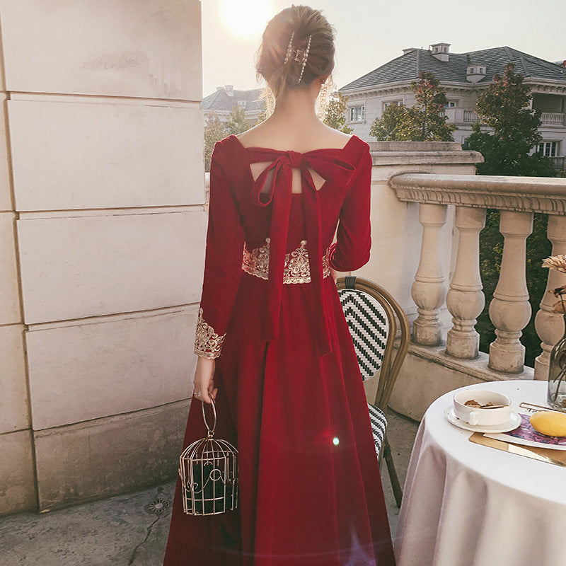 Toast Dress Bride 2024 New Autumn Velvet Long-Sleeved Red Back-to-Door Dinner Dress Marriage Engagement Toast