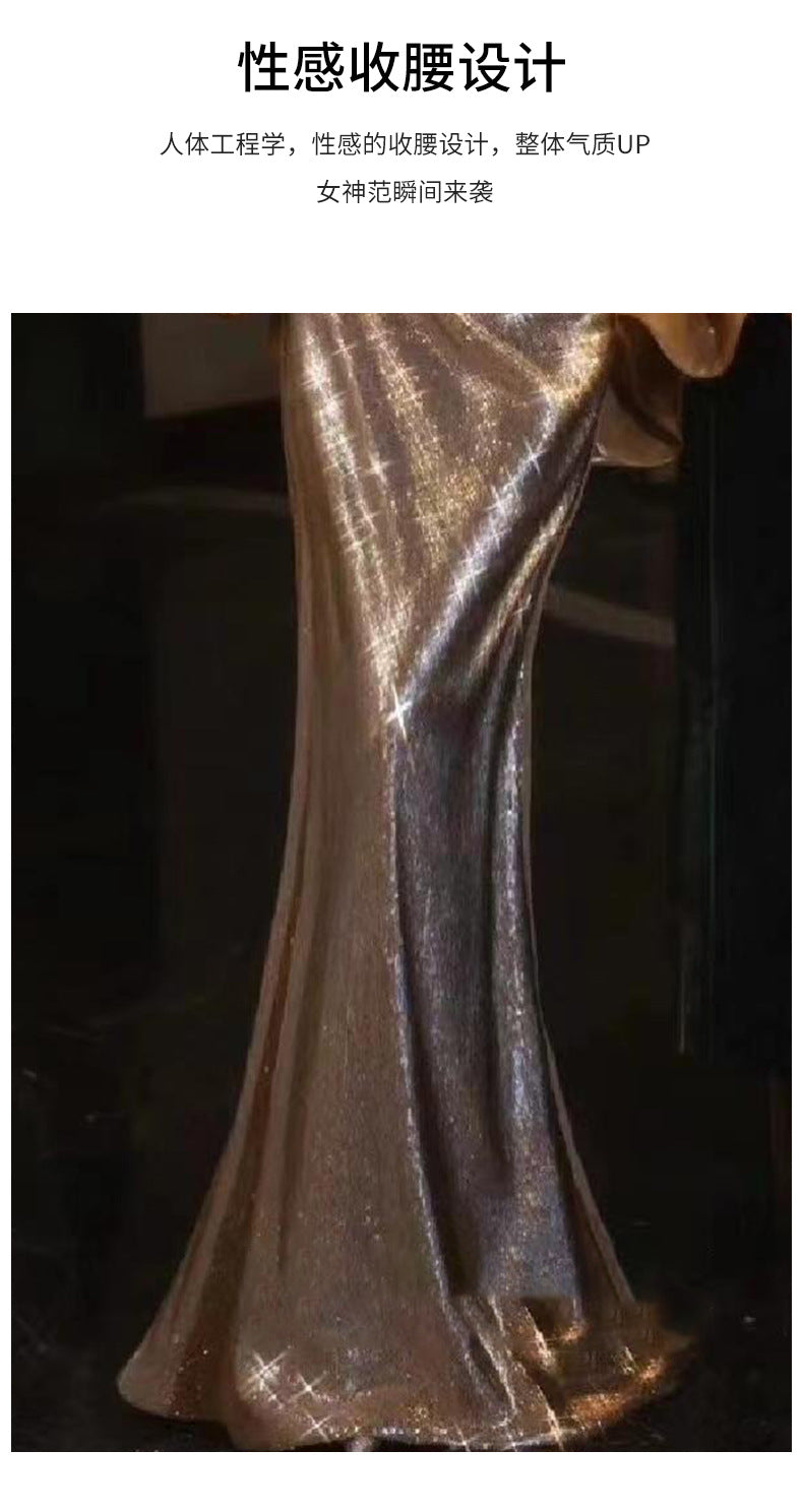 Golden Evening Dress 2024 High-Grade Wine Red Tube Top Bride Engagement Toast Dress Banquet Temperament Host