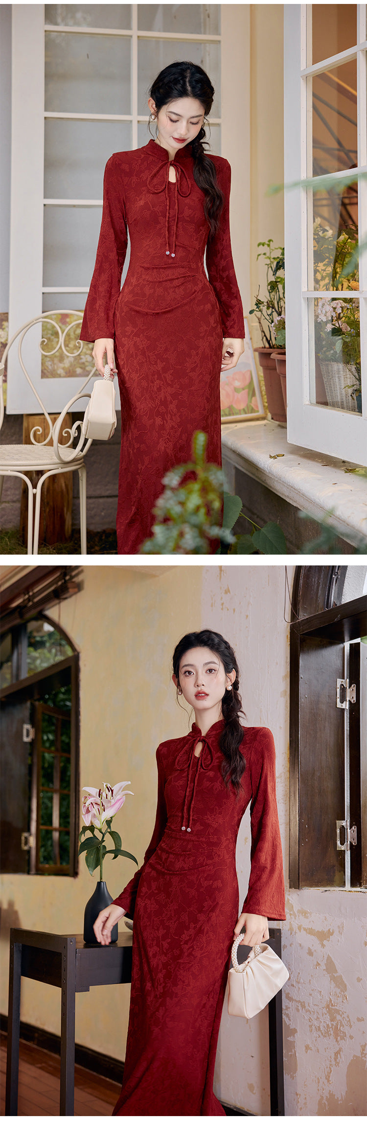 New Chinese Style Women's Long Sleeve Wine Red Dark Pattern Improved Engagement Cheongsam Family Visiting Shoes Toast Dress Wedding Dress