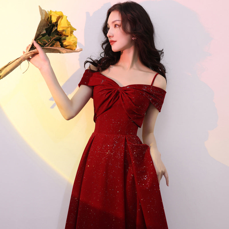 Elegant Dress Women's off Shoulder Spaghetti Straps Mid-Length Bow Evening Dress Red Satin H82092