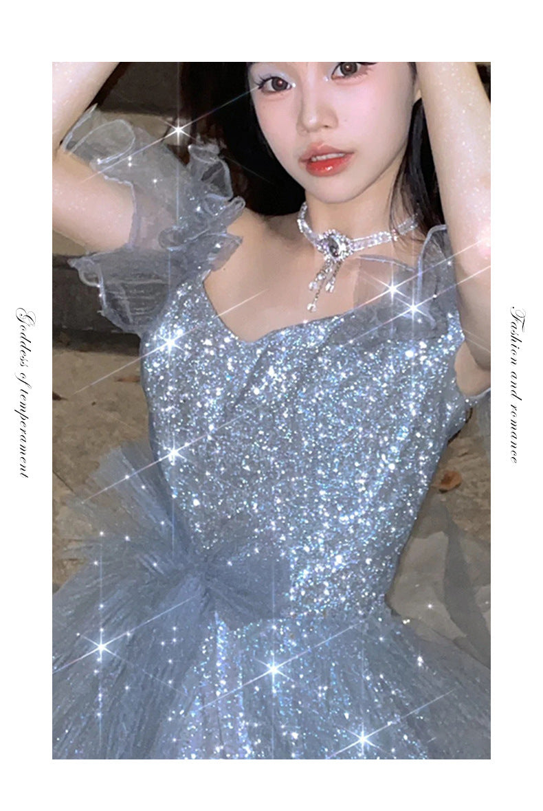 French Princess Escape Evening Dress Super Fairy Blue Student Art Exam Performance Dress off-Shoulder Temperament Bride Toast Dress