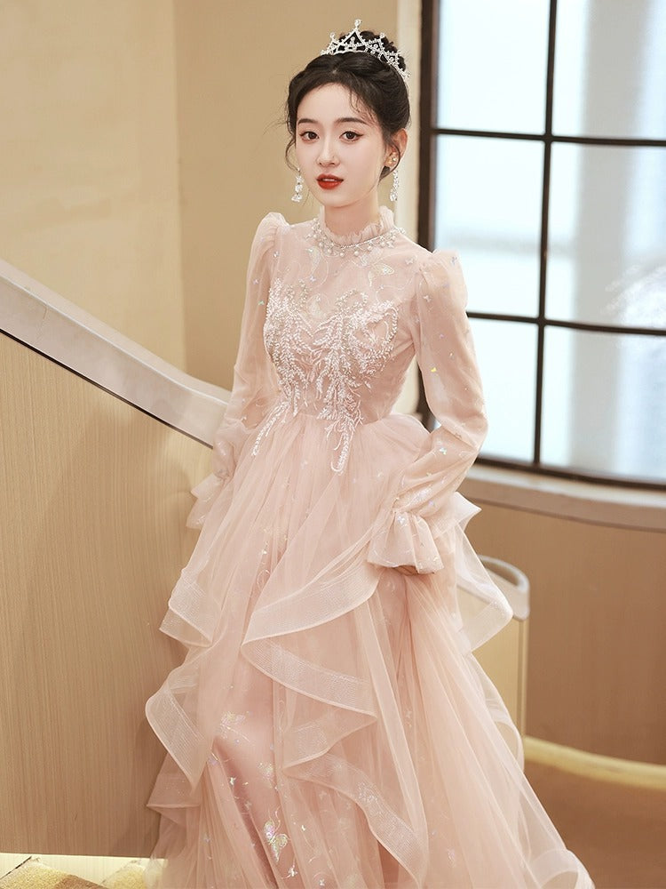 Evening Dresses Gala For Women Party Banquet Host Pink Princess Long Sleeve Embroidery Flower Fairy Dress H800