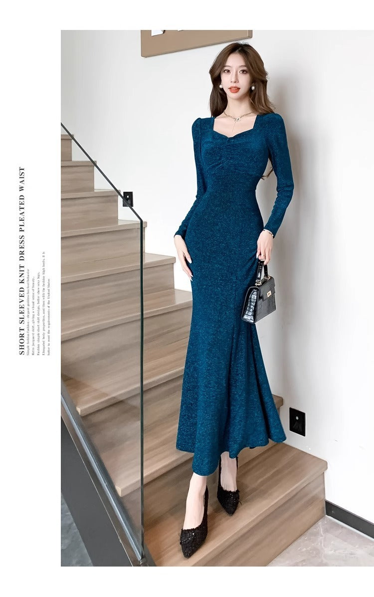 High-End Square Collar Long Sleeve Fishtail Dress Spring Fashion Graceful Formal Dress Sexy Slimming Beam Waist Hip Skirt