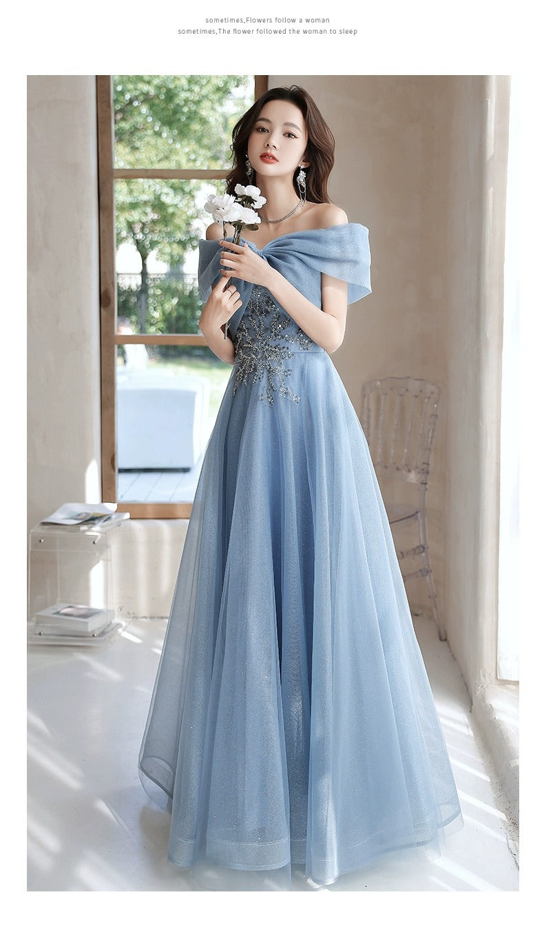 off-Shoulder Blue Evening Dress for Women Banquet Temperament French Entry Lux Niche High-End Host Art Exam Chorus Clothing