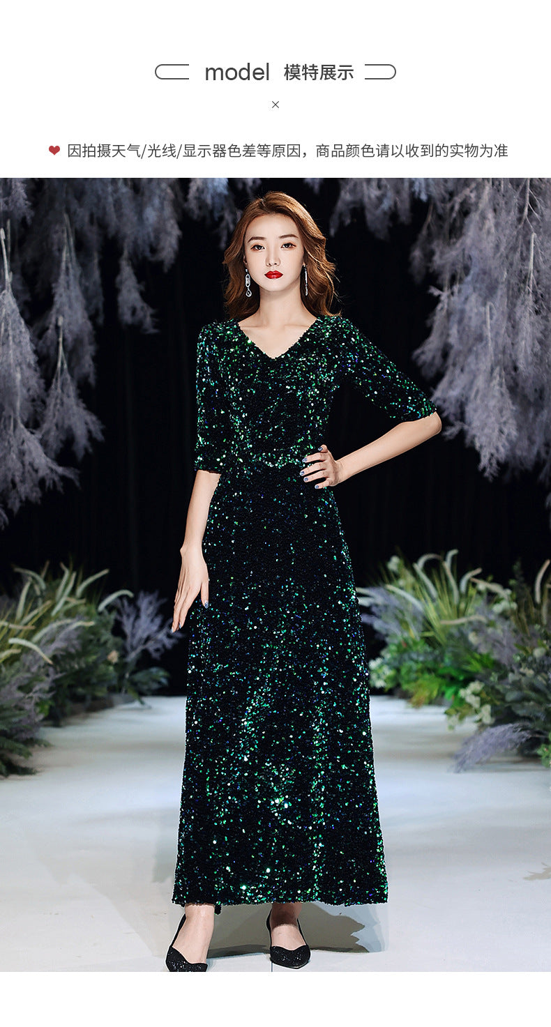 Green Sequins Annual Party Evening Dress Female 2024 Spring and Spring New Banquet Temperament Texture Host Long Dress