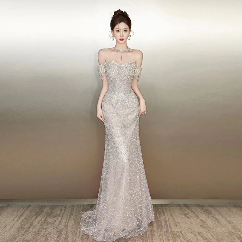 Evening Dress off Shoulder Elegant Long Light Luxury Host Fishtail Engagement Banquet Sequins Dress H2920