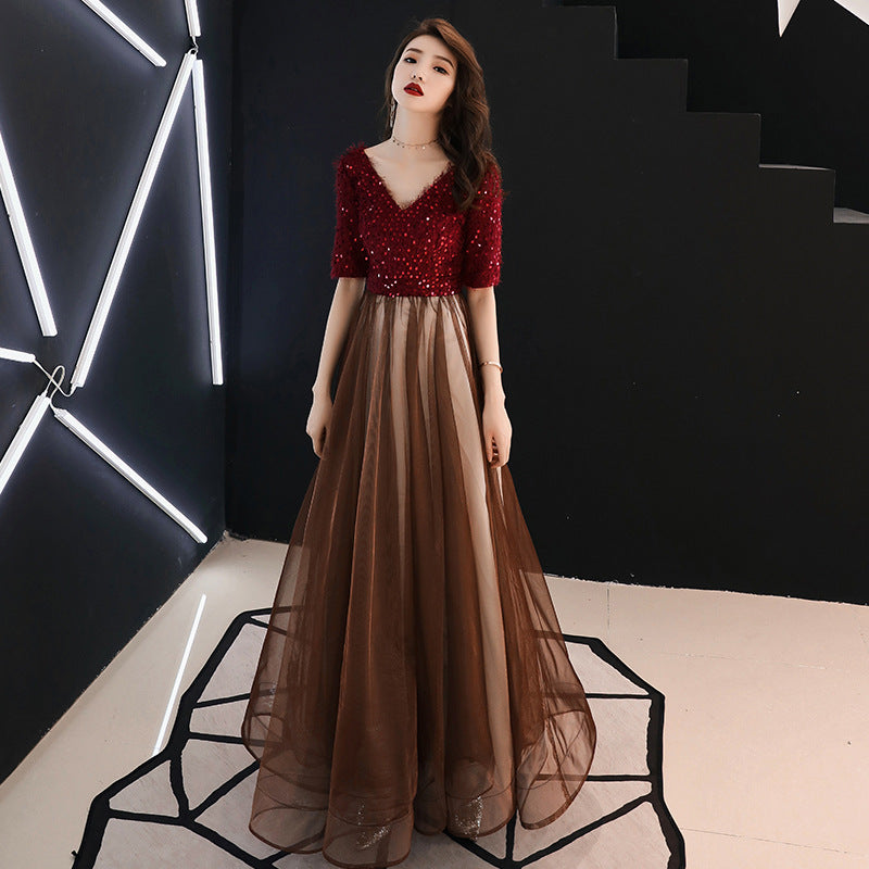 Summer Evening Dress for Women Banquet Temperament Annual Meeting Long Style 2024 New Modern Socialite Host Wine Red Autumn