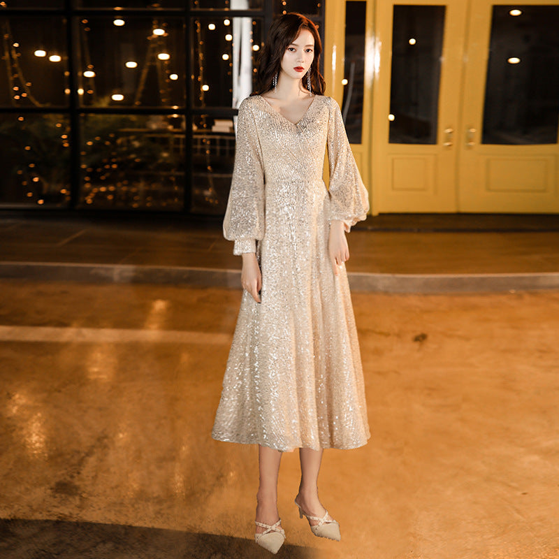 Factory Supply Evening Dress 2024 New Autumn and Winter Long Long Sleeve V-neck Sequins Champagne Annual Party Evening Dress