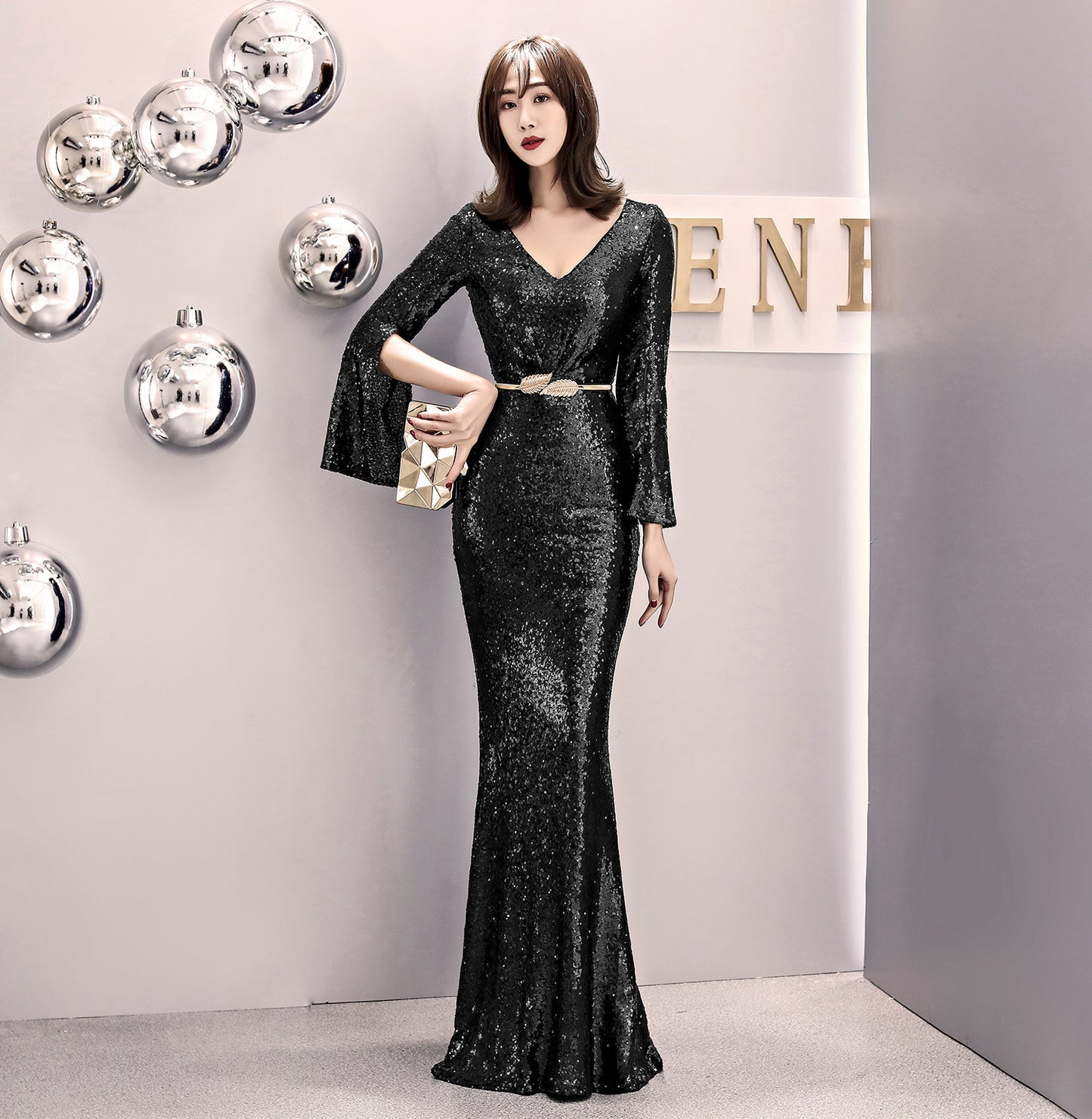 1572# Evening Gown Women's Banquet Elegant Host Sexy Slim-Fit Sequined Long Fish Tail Winter