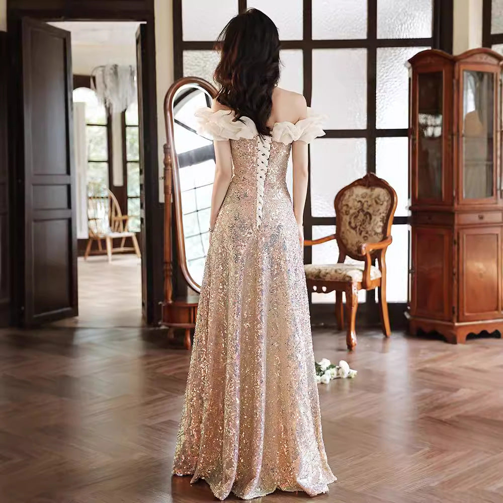 off-Shoulder Sequined Evening Dress for Women 2024 New Host Annual Meeting Bel Canto Solo Vocal Music Art Test Champagne Gold