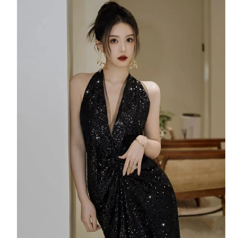 Black High-End Evening Dress 2024 New Sequined Light Luxury Minority European and American Annual Meeting Deep V-neck Elegant Host Dress for Women