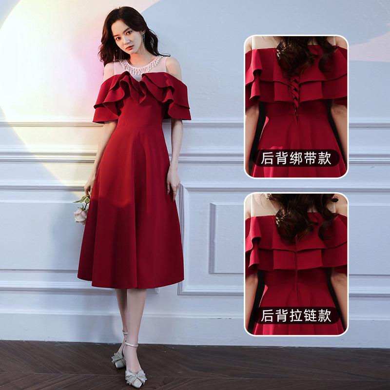 Dinner dress Ball gown red pearl Bride Wine Red Mid-Length Annual Meeting Performance Wedding Dress Adult Dress