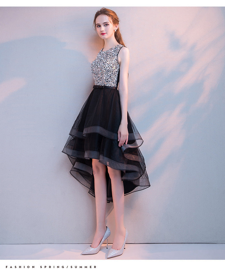 Black Evening Dress Women's New Banquet Noble Performance Front Short Back Long Host round Neck Sequins Small Dress Stage