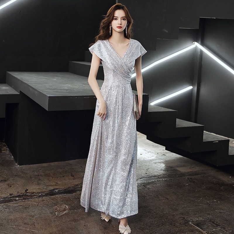 Banquet Evening Dress 2024 New High Sense V-neck Sequins Special Interest Light Luxury Performance Host's Dress Dress