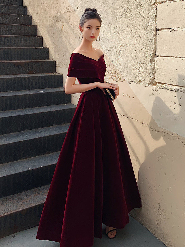 Bridal Toast Clothing Velvet 2024 New High-Grade off-Shoulder Banquet Temperament Engagement License Host Evening Dress