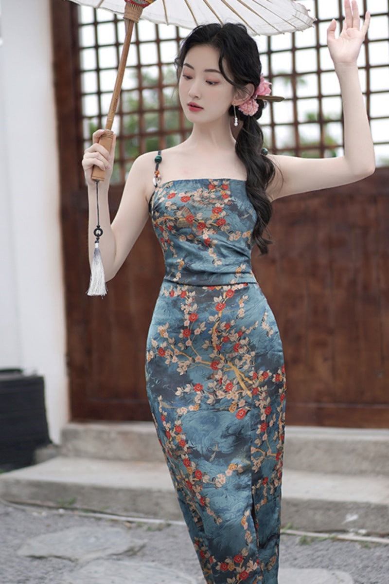 2024 Summer New High Sense Slim-Fit Figure Flattering Long Dress Retro Color Printing Sleeveless Split Dress National Style