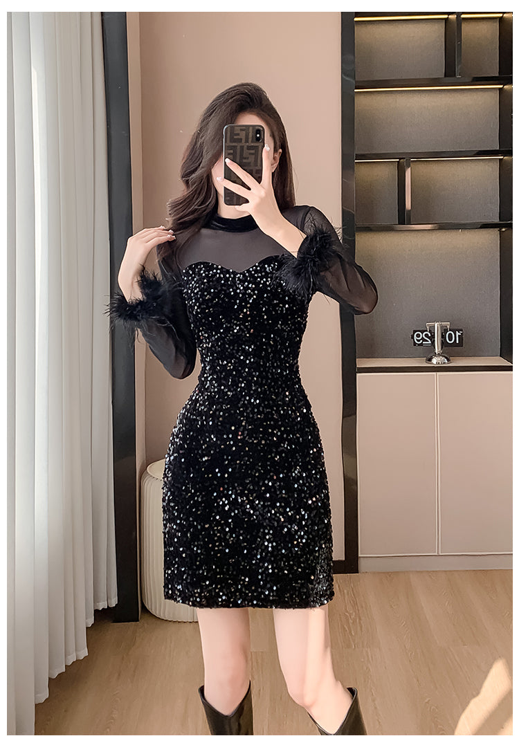 2023 Mesh Stitching Sequins Dress Women's French Entry Lux Sexy Waist Trimming Banquet Dress Sheath Black Dress