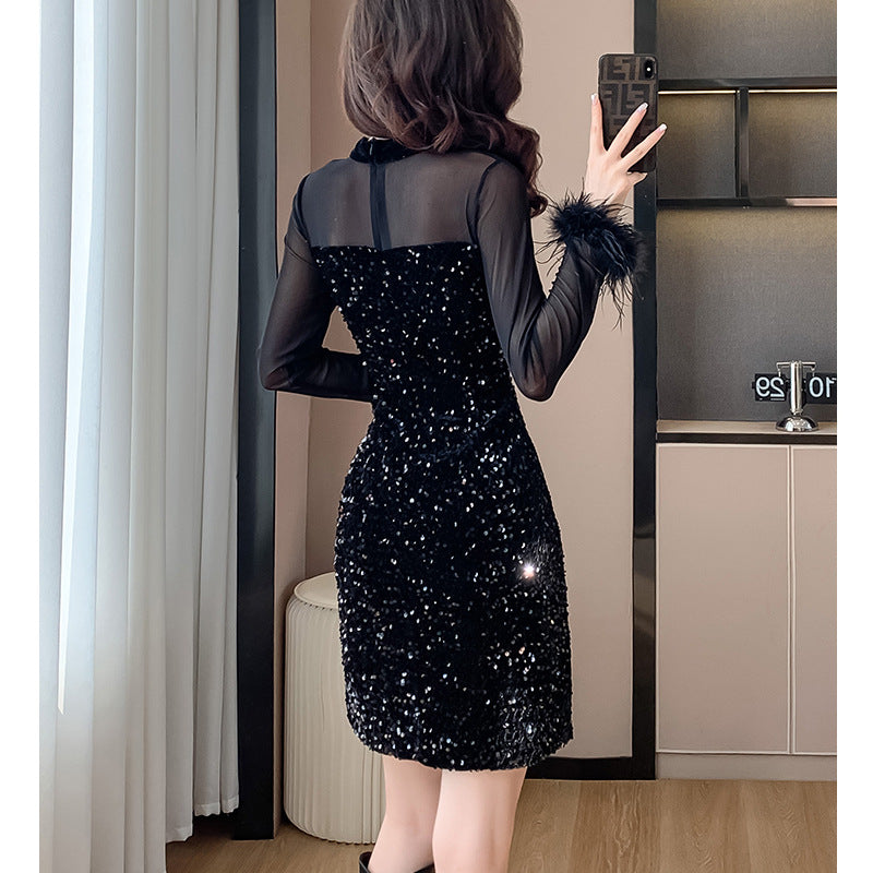 2023 Mesh Stitching Sequins Dress Women's French Entry Lux Sexy Waist Trimming Banquet Dress Sheath Black Dress