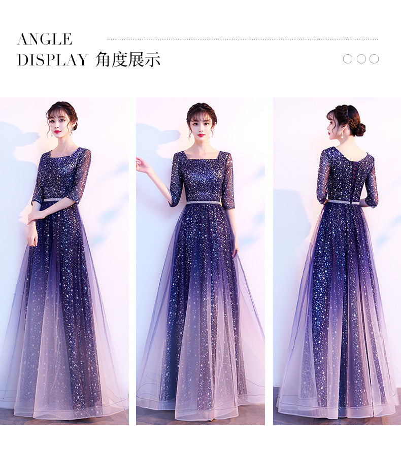 Starry Evening Dress Female Banquet Temperament Daily Style Square Collar Host Chorus Costume Summer Student