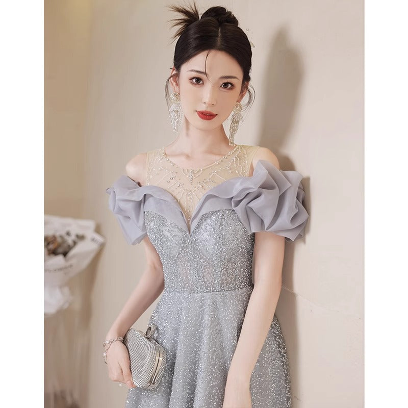 off-Shoulder Evening Dress for Women 2024 New High-End Fairy Host Dress Slim Fit Adult Ceremony Banquet Dress