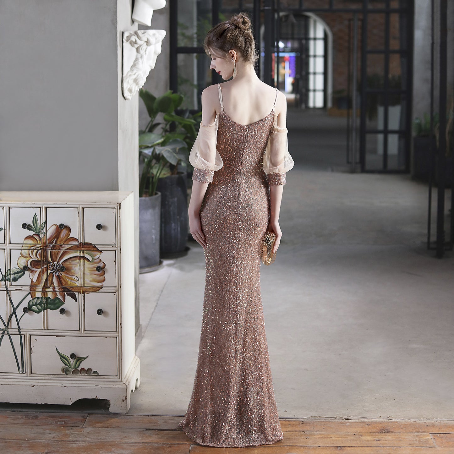 18685# Colorful Sequin Toast Dress Bride Long Appreciation Dinner Slim-Fit Fishtail Skirt Wedding Car Model Exhibition Dress