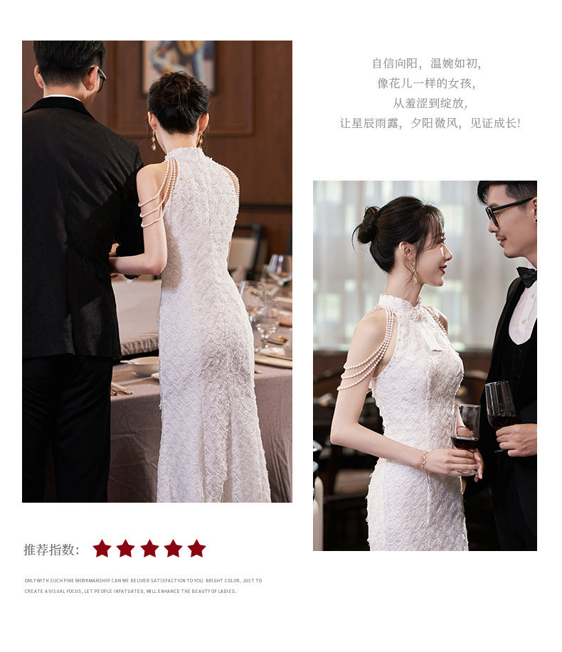 New Chinese Style Registration Slim White Dress Autumn and Winter Improvement Young Cheongsam Engagement Bride Lace Fishtail Dress