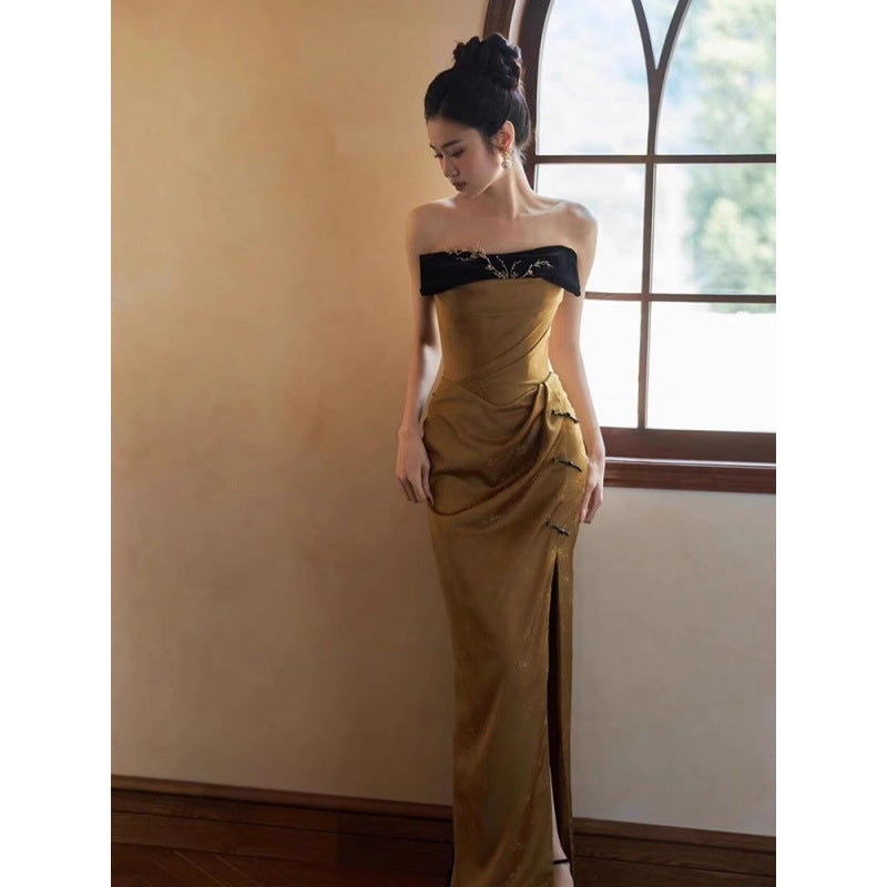 Morning Gowns Women's 2024 New High-Grade New Chinese Style Tube Top Toast Clothing Niche Retro Slit Bride Engagement Formal Dress