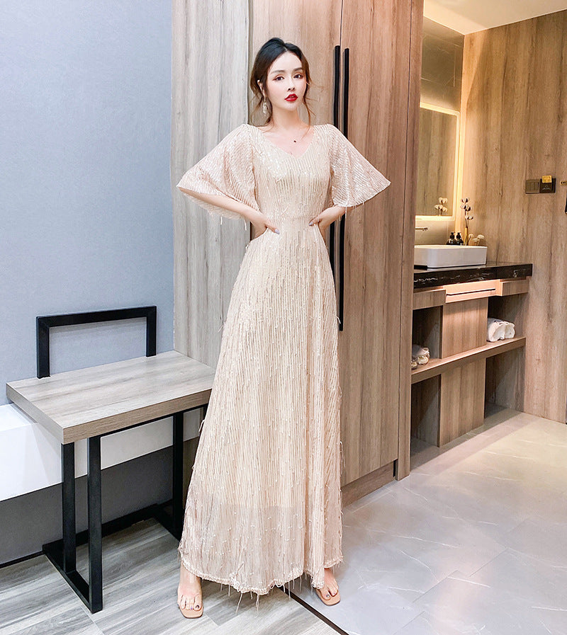 Starry Evening Dress Dignified Temperament Bride Toast Dress V-neck Flared Sleeves Sequined Tassel Slimming Long Dress Women