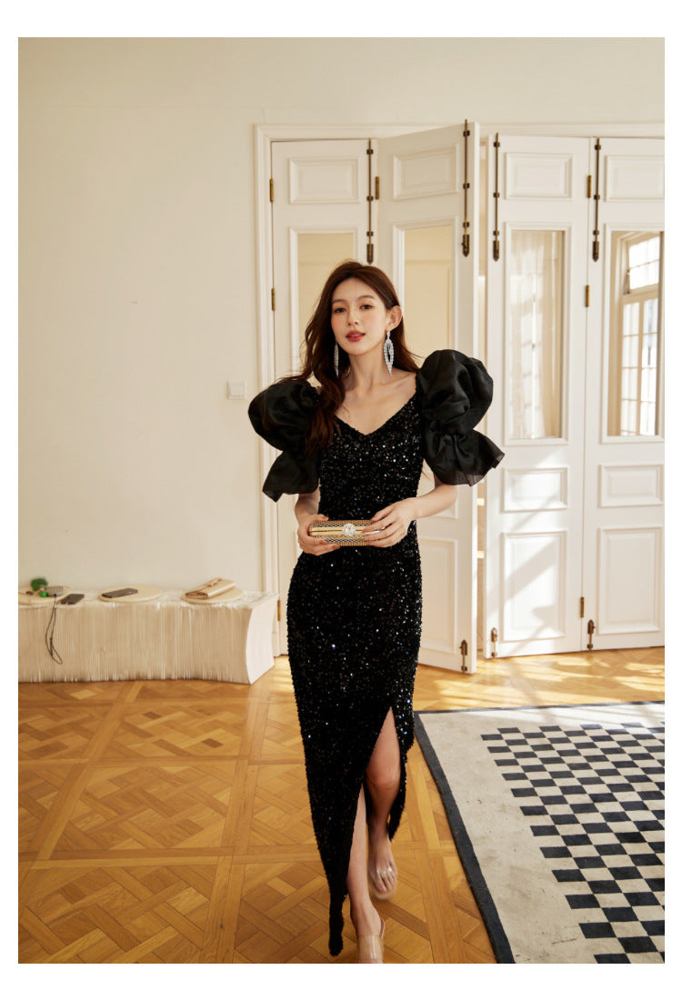 European and American Evening Dress Retro Party Exaggerated Puff Sleeve Sequined Small Dress Design Sense Slit Sheath Skirt Toast Clothing