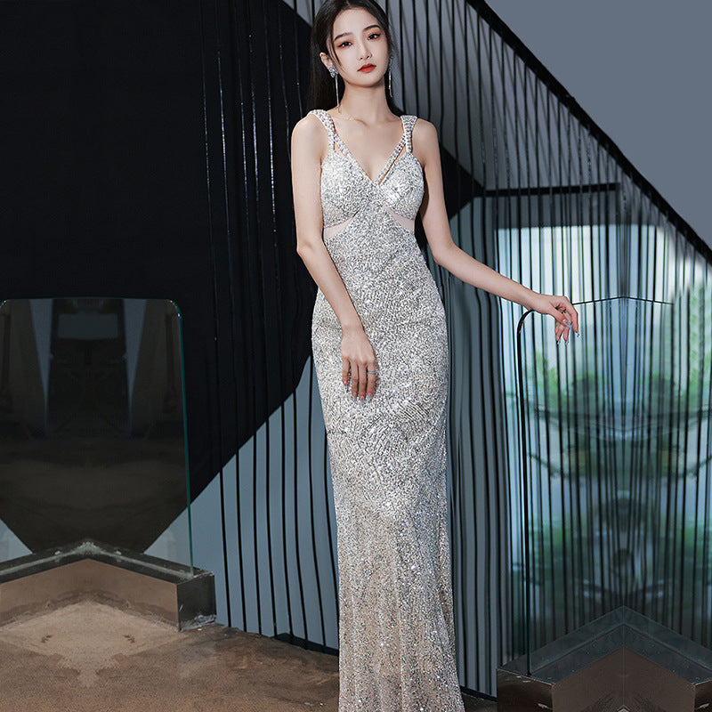 Silver Suspender Evening Dress Bridesmaid Dress Toast Dress V-neck Slimming Dress Banquet Sheath Dress Long Dress