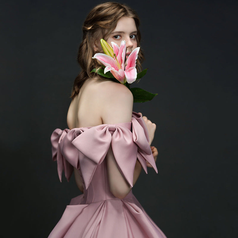 Pink Satin Annual Party Dress Women's 2024 New Banquet Host High-End Engagement Dress Toast Dress Bride