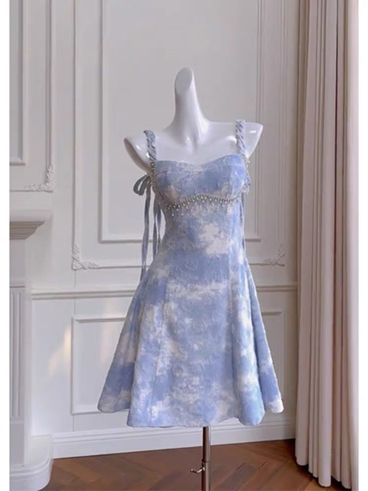 Socialite Waist-Tight Dress Slimming Denim Jacquard Sling Dress Beaded French Retro Tassel Blue Chenille